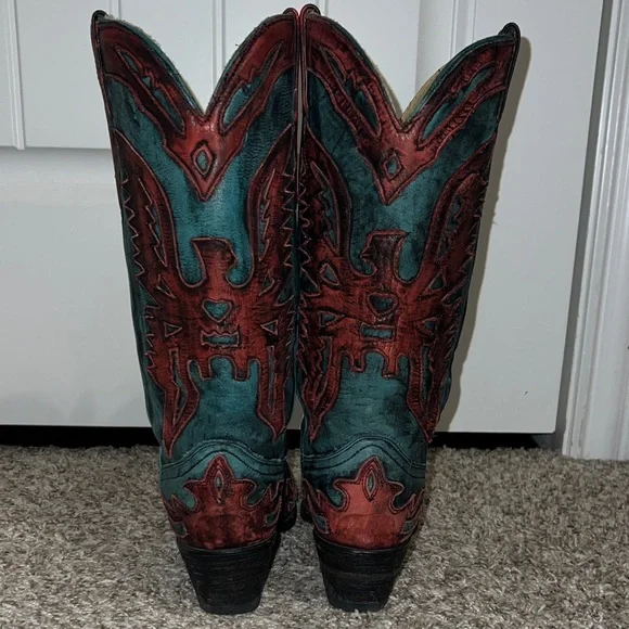 Corral Distressed Turquoise and Red Eagle Boots - Picture 3 of 12